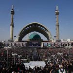 A crowd attends the start of the dayslong funeral ceremonies at the Imam Khomeini Mosalla Grand Mosque in Tehran, Iran, Saturday, July 4, 2026. (AP Photo/Altaf Qadri)
